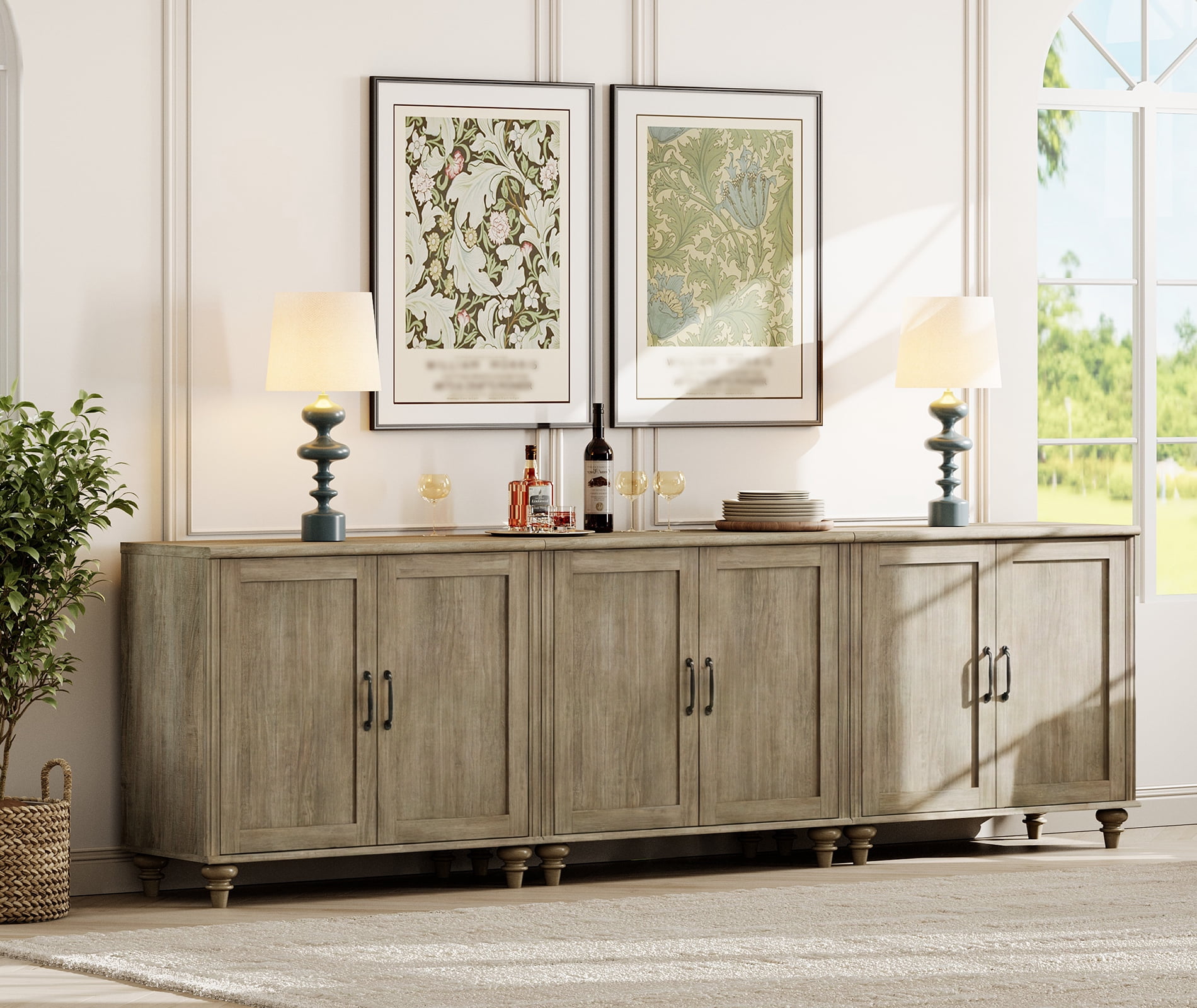 Modern Farmhouse Credenza, 101" Wash Gray Storage Sideboard with Wood Doors