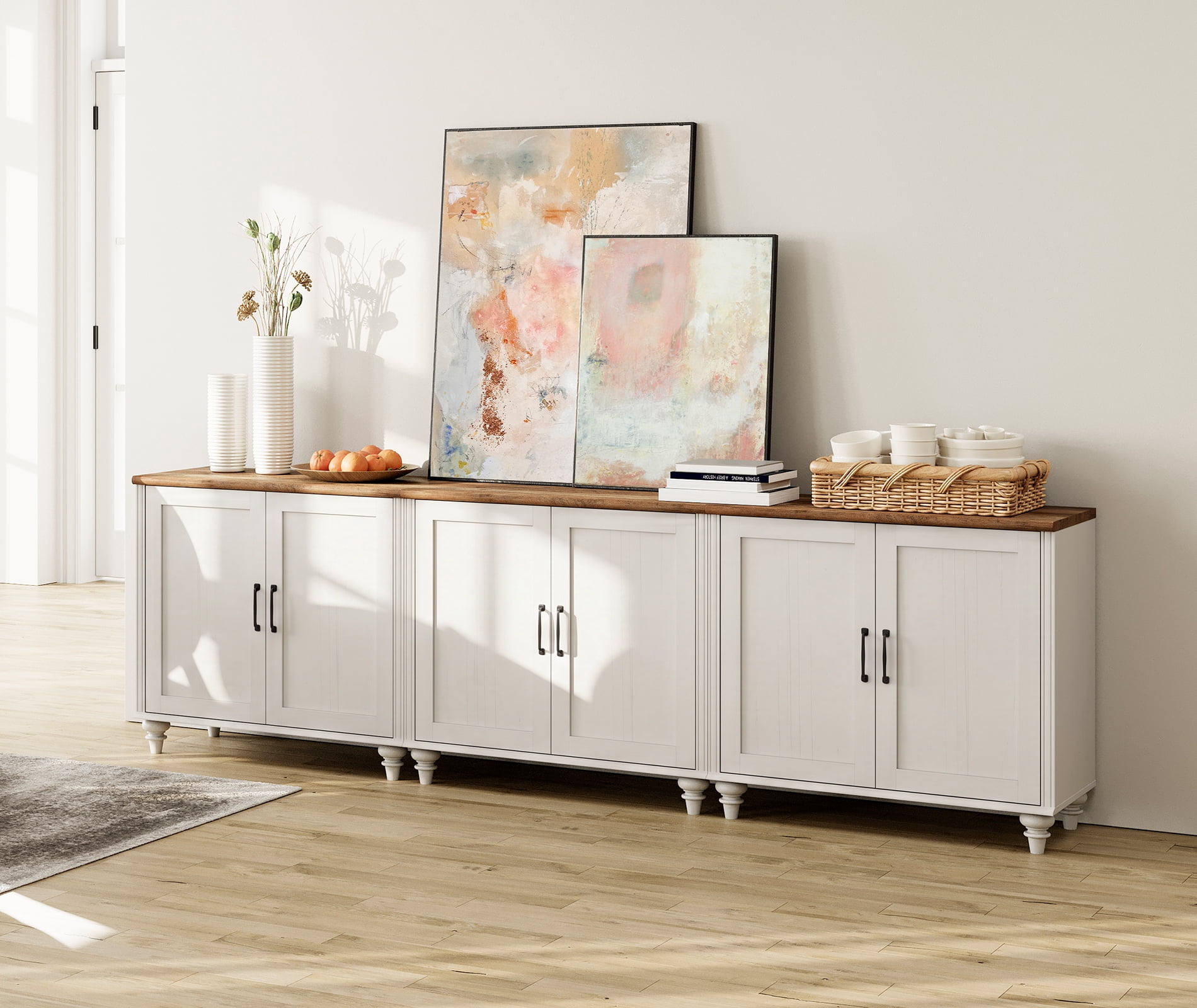 Modern Farmhouse Credenza, 101" White Storage Sideboard with Wood Doors