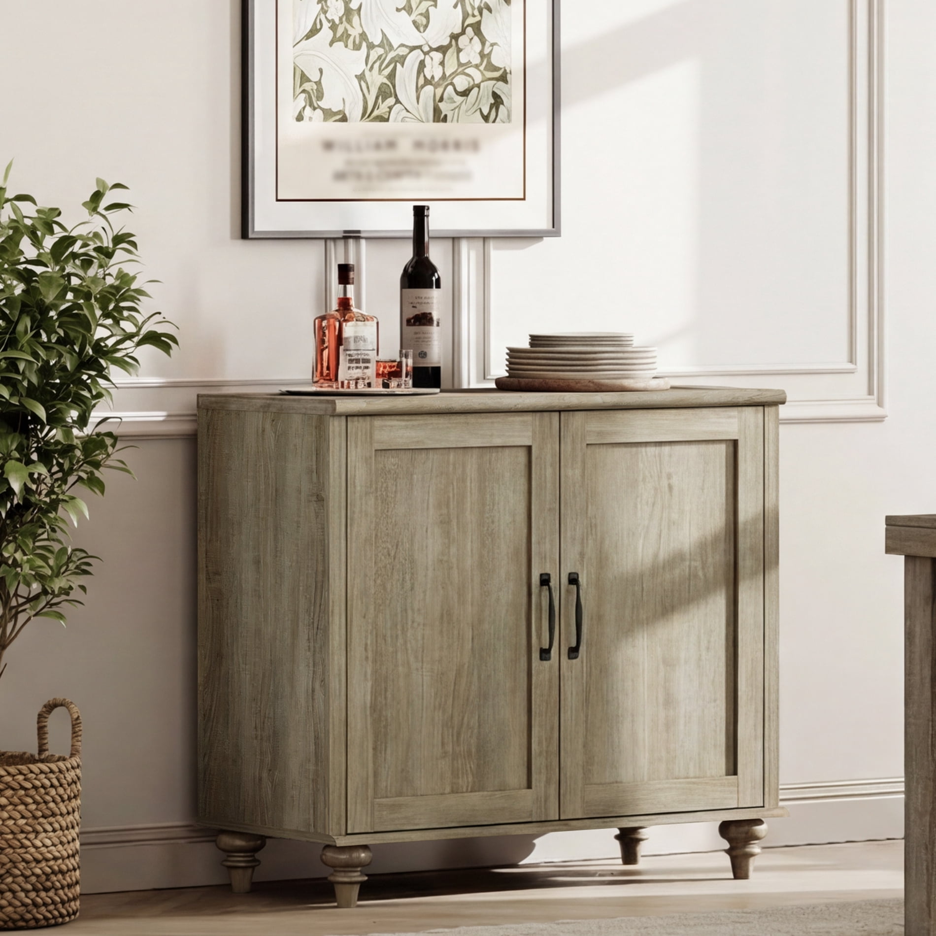 Modern Farmhouse Credenza, 34" Wash Gray Storage Sideboard with Wood Doors