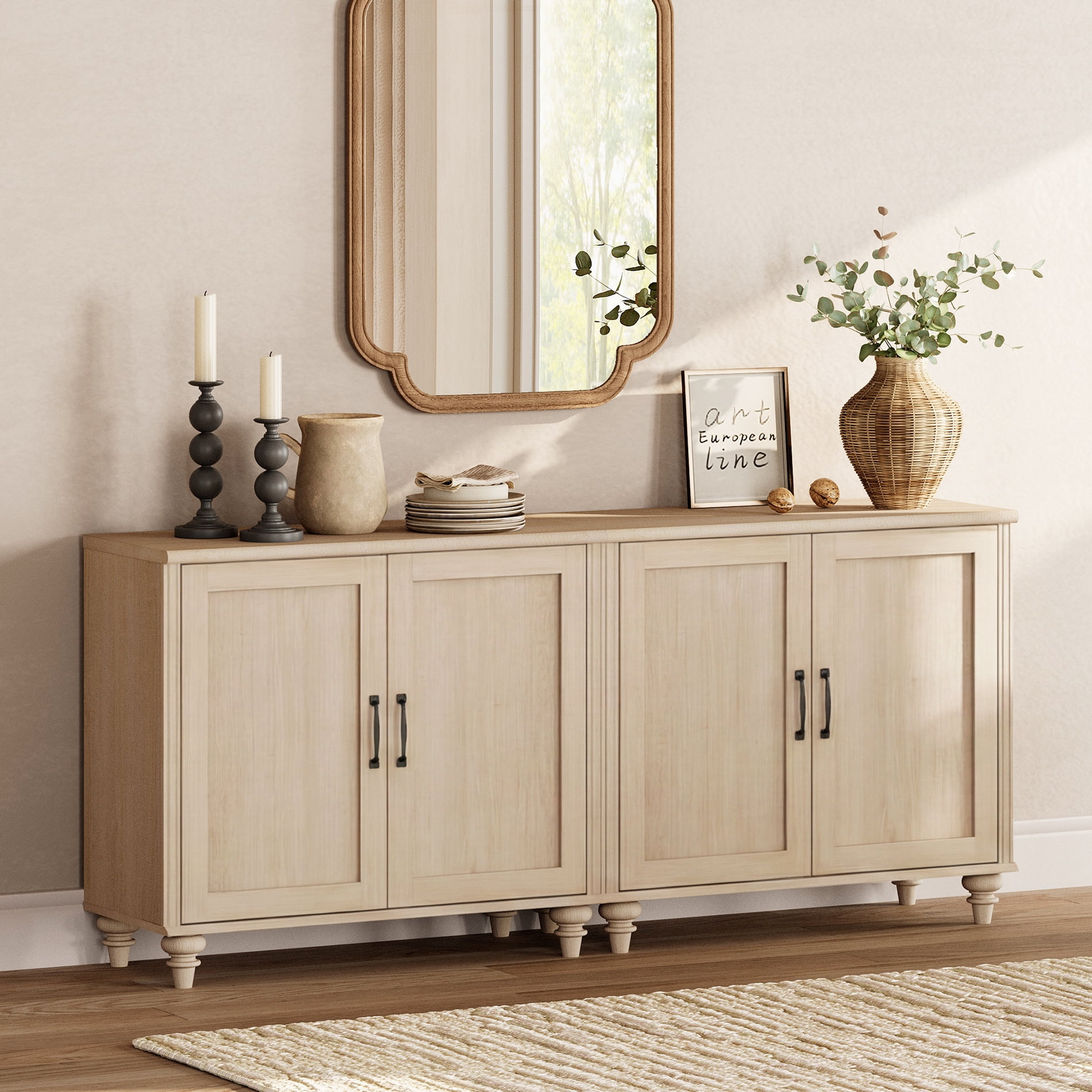 Modern Farmhouse Credenza, 68" Beige Storage Sideboard with Wood Doors