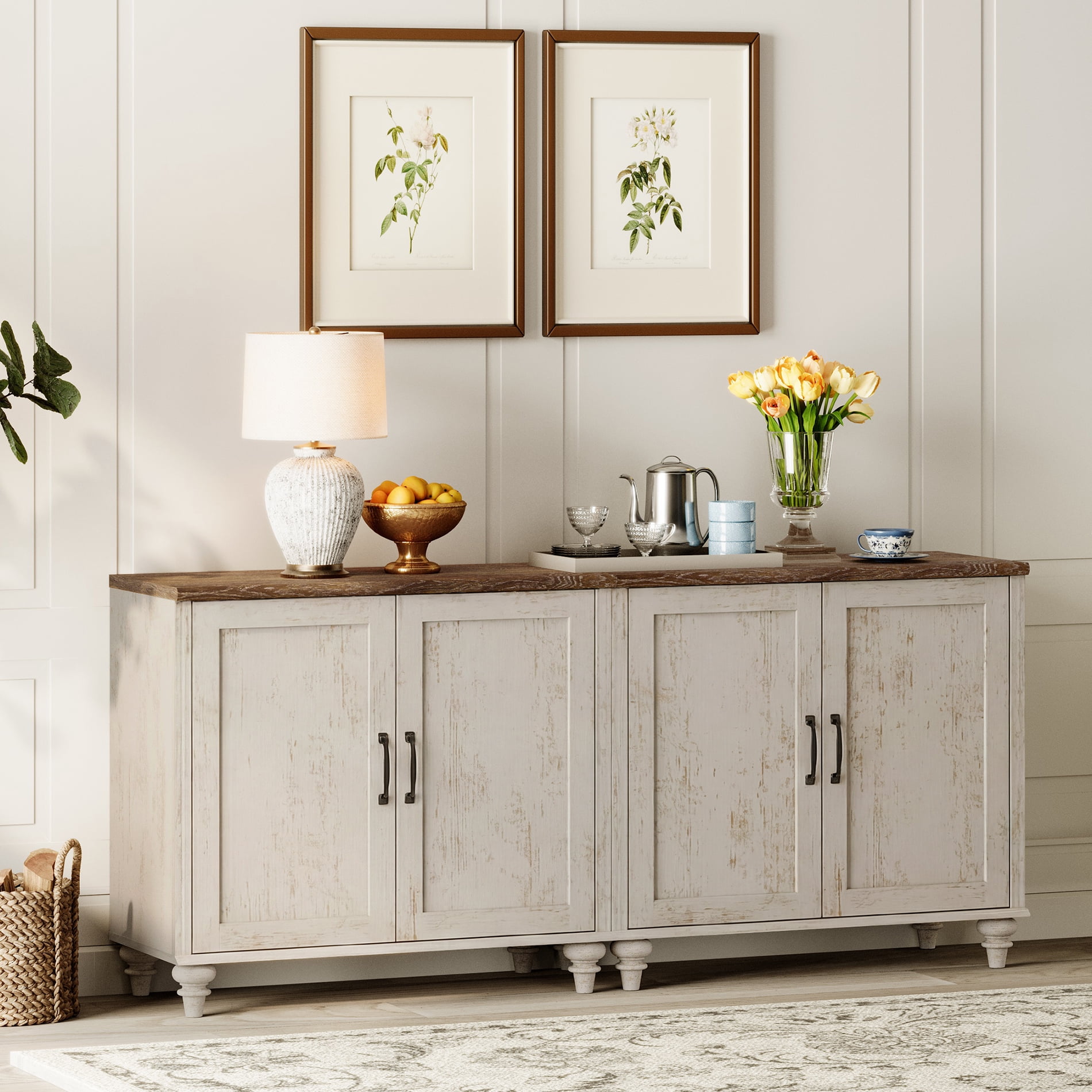 Modern Farmhouse Credenza, 68" Rustic White Storage Sideboard with Wood Doors
