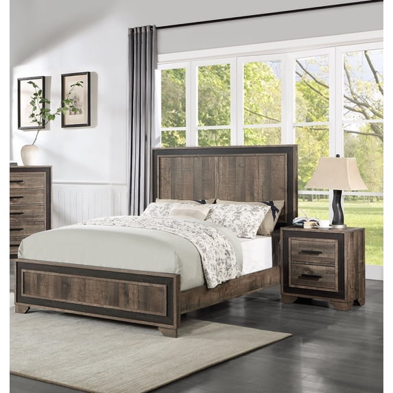 Modern Farmhouse Design Oak Finish Eastern King Size Bed 2x Nightstands 3pc Set Bedroom Furniture