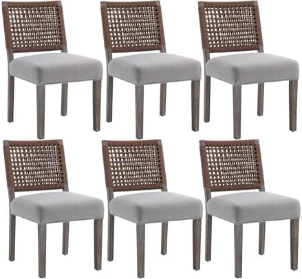 Modern Farmhouse Dining Chairs Set of 6, Rustic Kitchen Chairs with Linen Fabric Seat and Woven ...