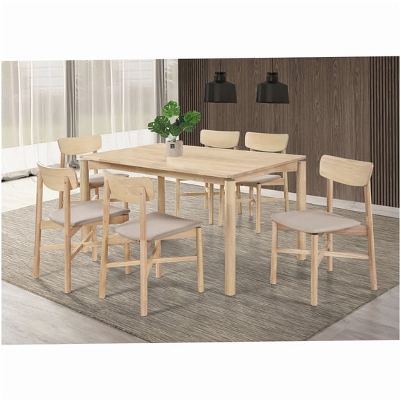 Modern Farmhouse Dining Set, 6-Piece White Washed Wood Table and Chair Set with Taupe Upholstery, Rectangular Design