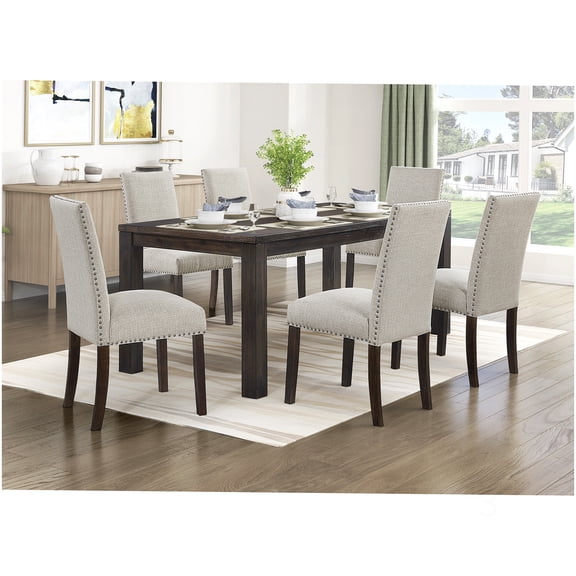 Modern Farmhouse Dining Set, 7pc Dark Brown Wood Table & 6 Taupe Fabric Chairs, Rustic Rectangular Kitchen Furniture for 8 Seating