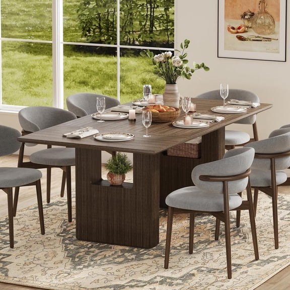 Modern Farmhouse Dining Table 78 Inch, Long Rectangular Wood Kitchen Table with Fluted Details, Accommodates 6 to 10 Guests for Home Dining and Living Spaces