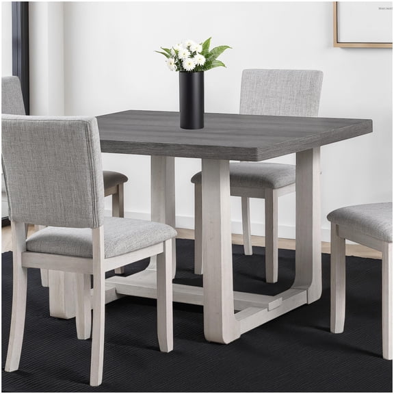 Modern Farmhouse Dining Table, Gray Wash Rectangular Table with Trestle Legs, Seats 4, Easy Assembly Transitional Furniture
