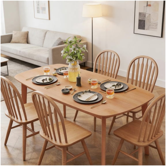 Modern Farmhouse Dining Table, Natural Pine Wood Rectangular Table for Kitchen and Dining Room