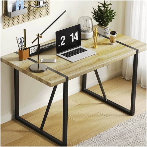 Modern Farmhouse Dining Table with Black Metal Legs, Large Rectangular Table for 6, Rustic Brown Engineered Wood Top for Kitchen and Living Room