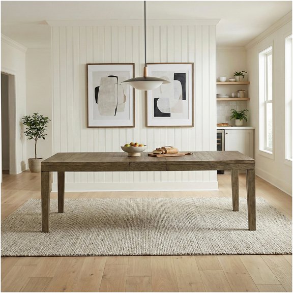 Modern Farmhouse Dining Table with Self-Storing Leaf - Brown Wood Extendable Table for 8, Transitional Style