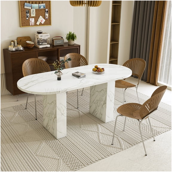 Modern Farmhouse Dining Table with White Marble Top, Oval Kitchen Table for 6 with Wood Strip Base and Waterproof Surface