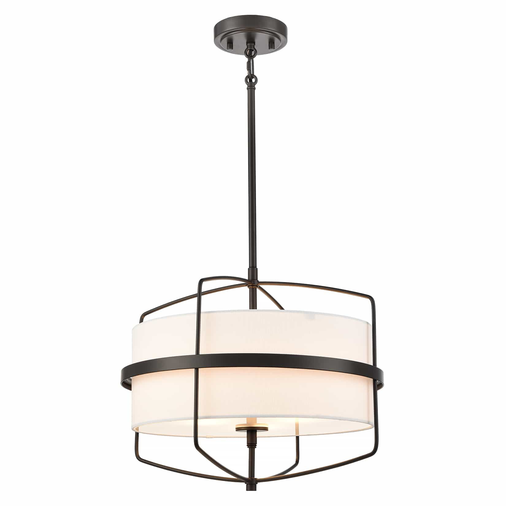 Modern Bronze Drum Pendant Light with White Fabric Shade