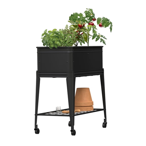 Panacea Modern Farmhouse Elevated Garden Planter with Wheels for Outdoor Spaces, Raised Bed Planter, Black
