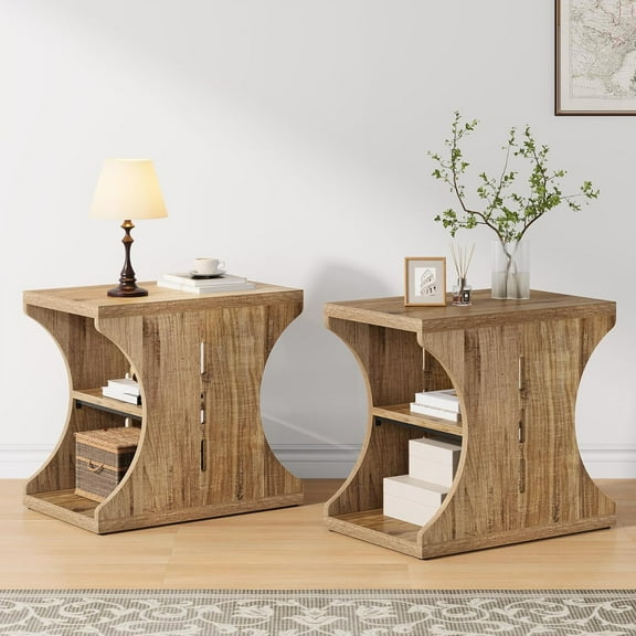 Modern Farmhouse End Table Set of 2, Wood Side Tables with Storage, 3-Tier Narrow Country Nightstand for Living Room, Bedroom, Small Spaces, Light Brown