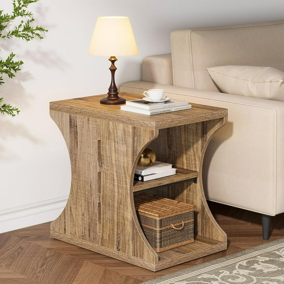 Modern Farmhouse End Table with Storage, 3-Tier Narrow Country Side Tables for Small Spaces, Nightstand for Bedroom & Living Room, Wooden Bedside Table, Easy Assembly, Light Brown