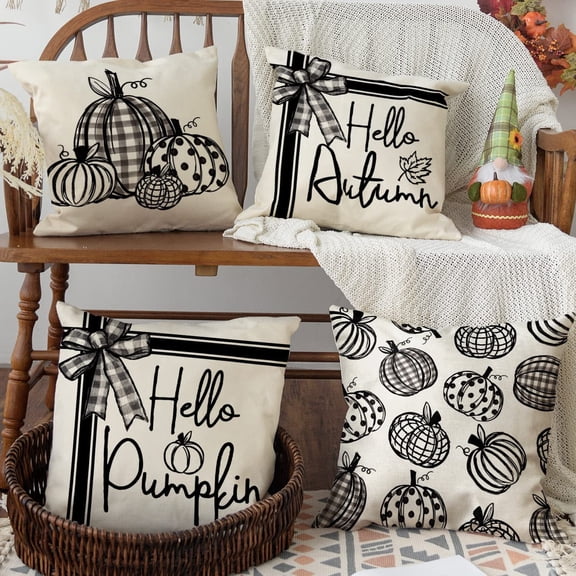 Modern Farmhouse Fall Pillow Covers 18x18 Hello Pumpkin Fall Outdoor Pillows Decorative Throw Pillows Cases Autumn Decor Black Vertical Stripe Thanksgiving