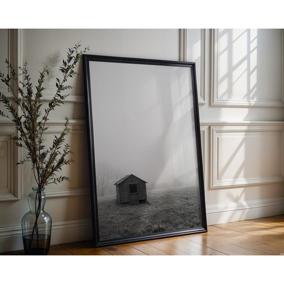 Modern Farmhouse Foggy Farm Hut Wall Art Moody Rural Landscape Rustic Decor Print