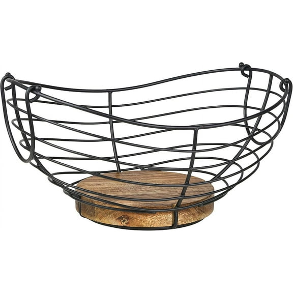 Modern Farmhouse Fruit Basket for Kitchen Counter, Vintage Wire and Wooden Base Fruit Bowl for Kitchen Decor, Fruit & Vegetables Storage Basket/Bowl