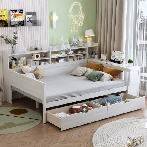 Modern Farmhouse Full Size Daybed with Two Storage Drawers and Desk, Multi-functional Storage Bed with Shelves for Small Space Bedroom Office, Antique White