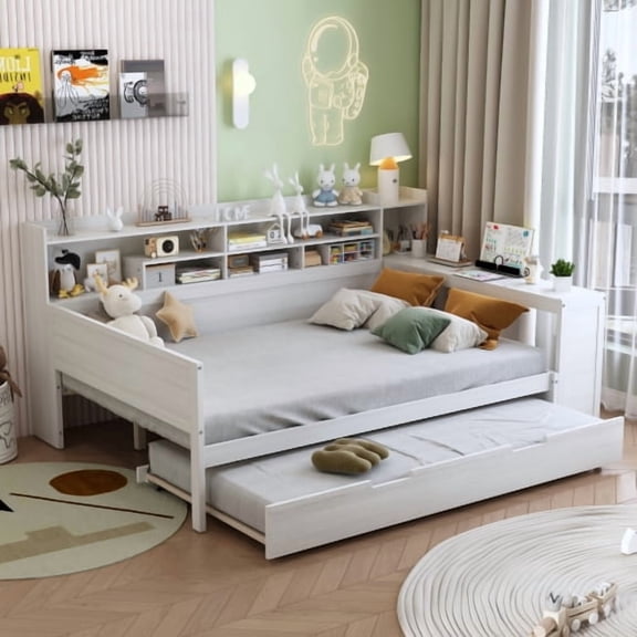 Modern Farmhouse Full Size Daybed with Trundle and Desk, Storage Shelves Study Bed for Small Space Bedroom Office, Antique White