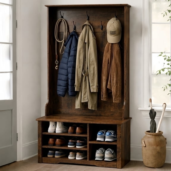 BrooveWave 67”H Hall Tree with Bench and Shoe Storage, Entryway Bench with Coat Rack and Racks