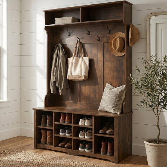 Modern Farmhouse Hall Tree 31.5'' Wide with Bench and Shoe Storage