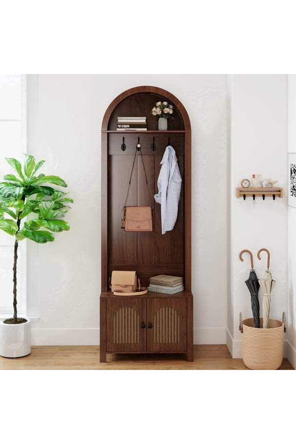 Hall Tree 70.9" Narrow Arch Coat Modern Farmhouse Rack with 4 Hooks and 2 Fluted Doors for Hallway Entryway Mud Room Bedroom Living Room HOME Walnut