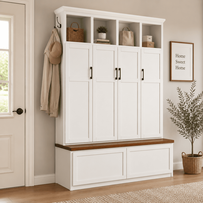 Modern Farmhouse Hall Tree with Bench and Storage Cabinets, Entryway Coat Rack with 6 Hooks, 4 Hidden Cabinets, Drawers and Open Shelves, Mudroom Organizer for Hallway, Living Room