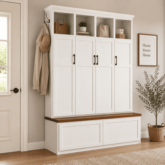 Modern Farmhouse Hall Tree with Bench and Storage Cabinets, Entryway Coat Rack with 6 Hooks, 4 Hidden Cabinets, Drawers and Open Shelves, Mudroom Organizer for Hallway, Living Room