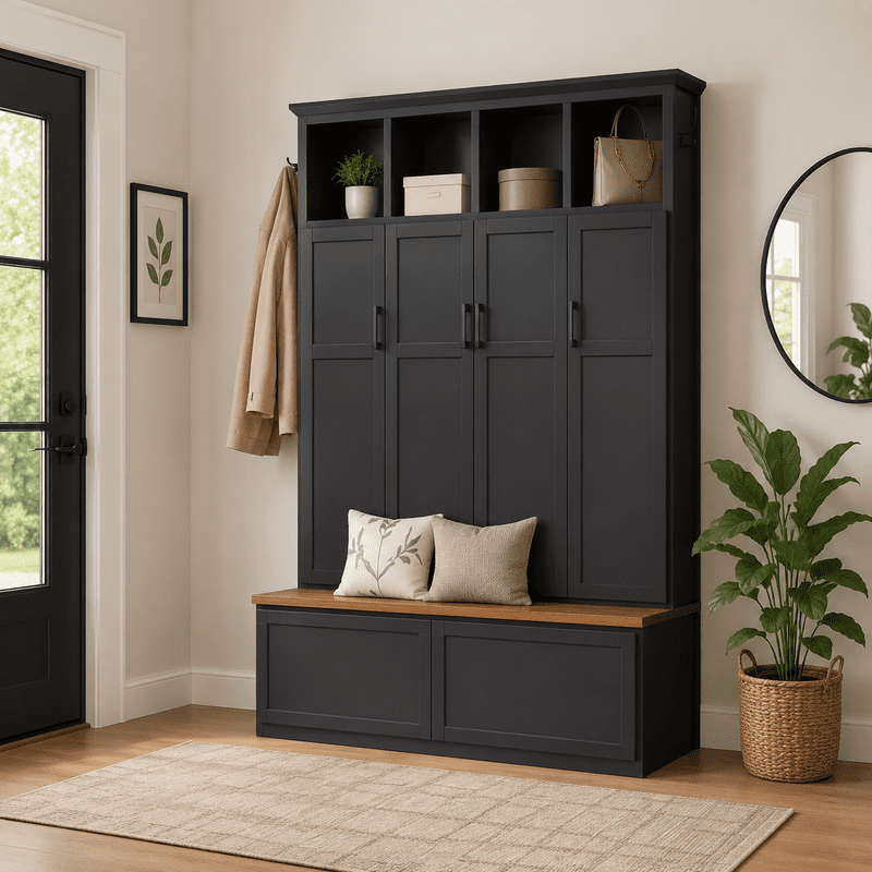 Modern Farmhouse Hall Tree with Bench and Storage Cabinets, Entryway Coat Rack with 6 Hooks, 4 Hidden Cabinets, Drawers and Open Shelves, Mudroom Organizer for Hallway, Living Room