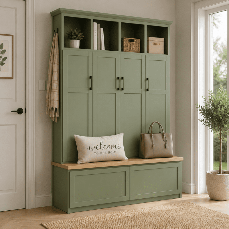 Modern Farmhouse Hall Tree with Bench and Storage Cabinets, Entryway Coat Rack with 6 Hooks, 4 Hidden Cabinets, Drawers and Open Shelves, Mudroom Organizer for Hallway, Living Room