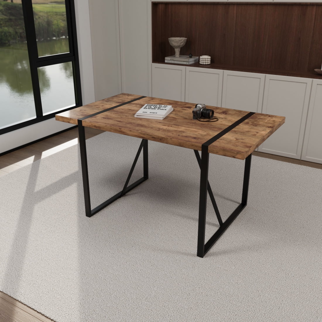 Modern Farmhouse Industrial Dining Table with 1.5" Thick Durable Dark Wood MDF Top & Black Steel Legs - Seats 4-6, Easy-Clean Surface for Compact Home Kitchens