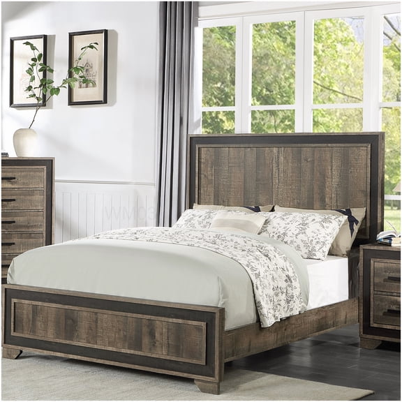 Modern Farmhouse King Bed with Tall Headboard, Oak Finish Wood Bed Frame for Bedroom