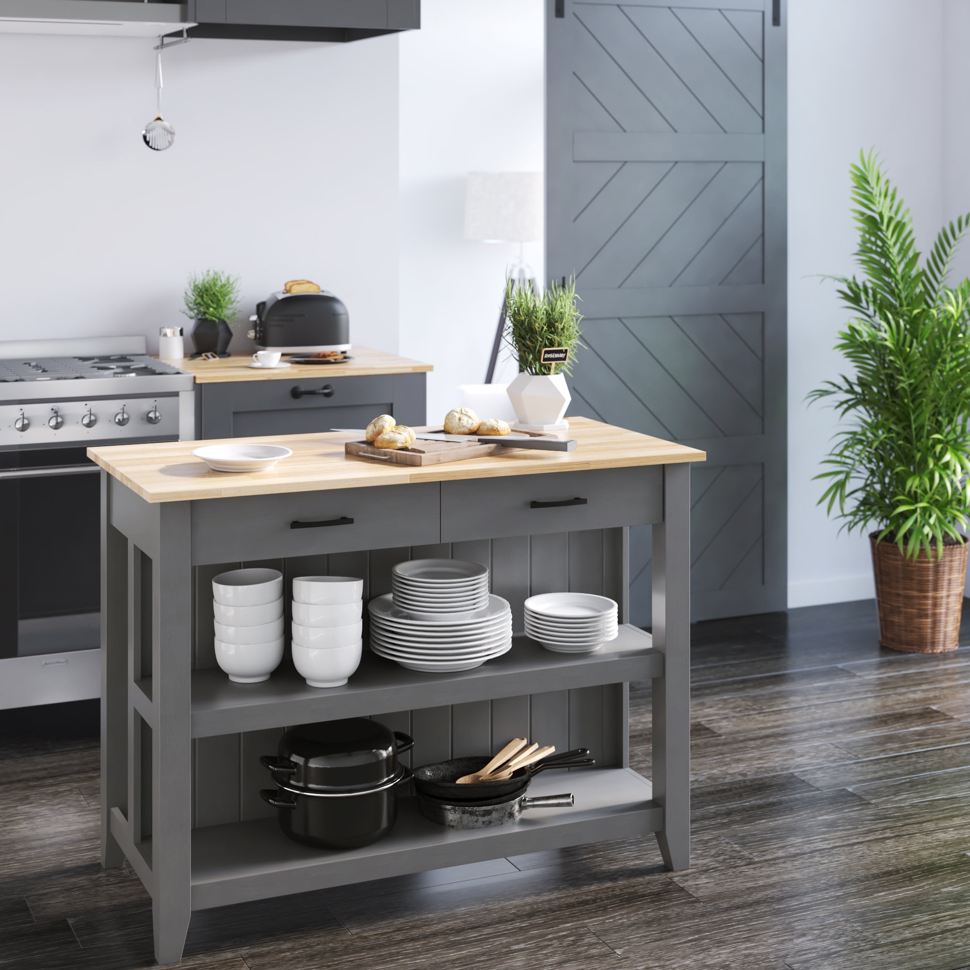 Antique Gray Modern Farmhouse Kitchen Island with Open Shelves