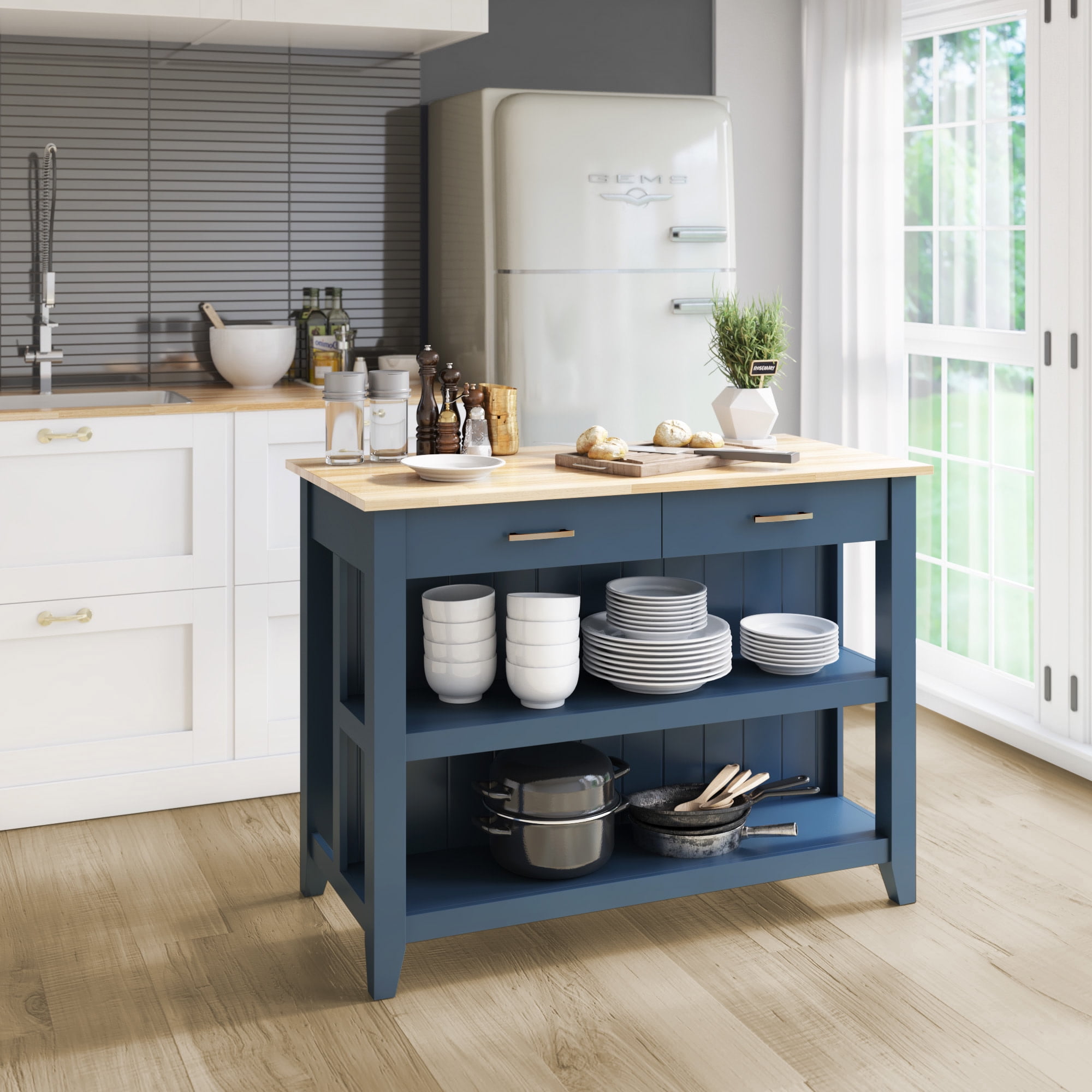 Fontana Blue Modern Farmhouse Kitchen Island with Natural Wood Top