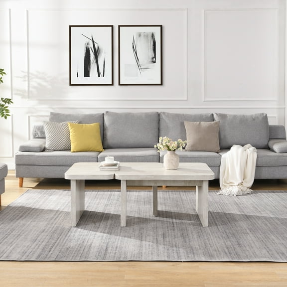 Modern Farmhouse L-Shape Coffee Table | White Washed MDF Wood | 47.24" x 23.62" | Open Storage | Freestanding for Living Room, Dining, Garden