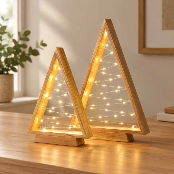 Modern Farmhouse LED Wooden Tree Lights, Burnt Wood Finish, Rustic Decor for Seasonal Spaces