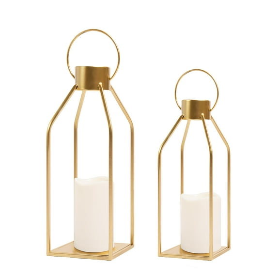 Modern Farmhouse Lantern Decor- Gold Metal Candle Lanterns for Christmas- Timer Flickering Candles