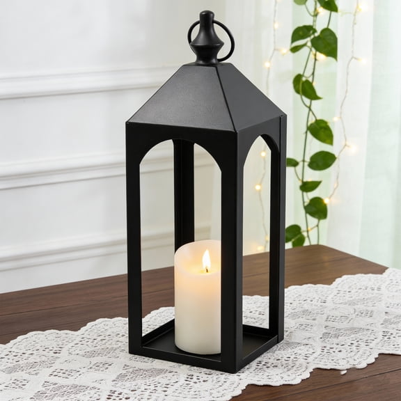 GARITIN 17" Black Metal Lantern Candle Holder, Outdoor & Indoor Decor for Patio, Garden, Porch, Pathway Lighting, House Warming Gift