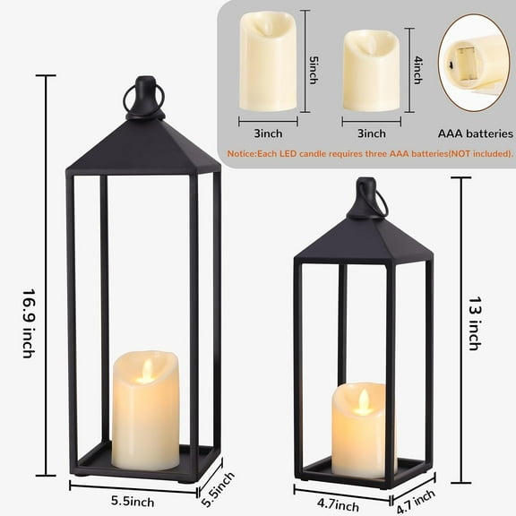 Modern Farmhouse Lanterns Decorative Indoor & Outdoor, 17" 13" Set of 2 Black Vintage Lantern with Flameless Candles, Metal Halloween Lantern Decor for Room, Porch, Mantle, , Home Decor