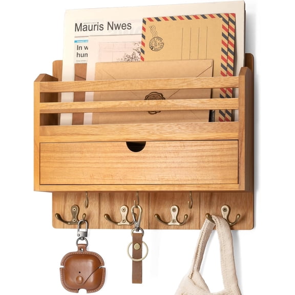 Modern Farmhouse Mail Organizer with Drawer Organizer - Rustic Key and Mail Holder for Wall with 7 Key Hooks for Apartment Essentials - Aesthetic Home Decor (Light Brown)