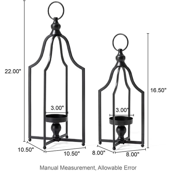 Modern Farmhouse Metal Lanterns Decorative Hanging Candle Lanterns Distressed Black Set of 2 (Large and Small)