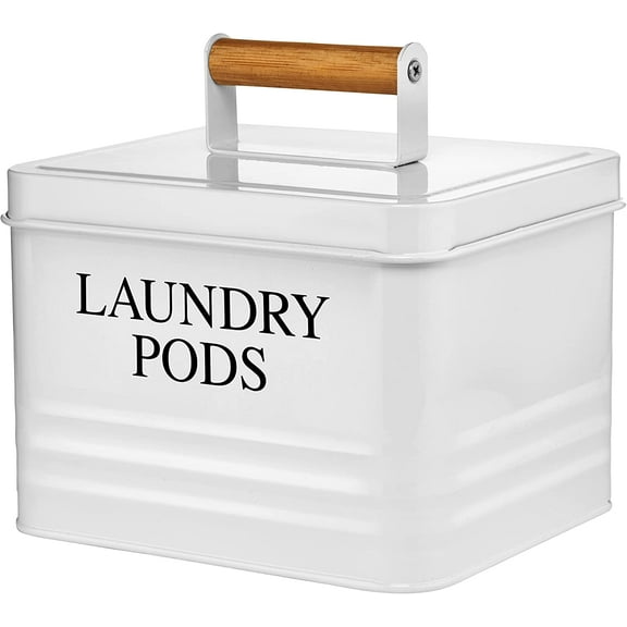 Modern Farmhouse Metal Laundry Pods Holder Container with Lid for Laundry Room Decor and Accessories and Space Saving Organization and Storage, Holds 81 Laundry Pods, White