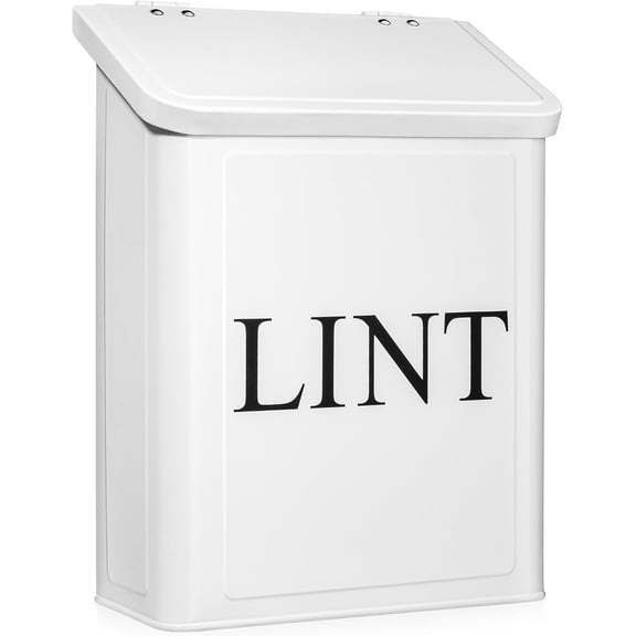 Modern Farmhouse Metal Magnetic Lint Bin for Laundry Room Decor and Accessories with Lid Organization Storage Wall Mount Space Saving Washer Dryer Trash Can, White