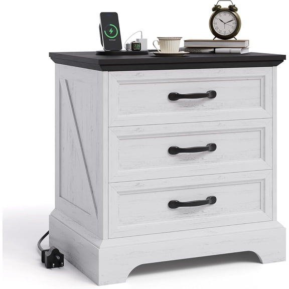 Modern Farmhouse Nightstand with Charging Station & 3 Large Drawers, 24" Wide Rustic White Bedside Table
