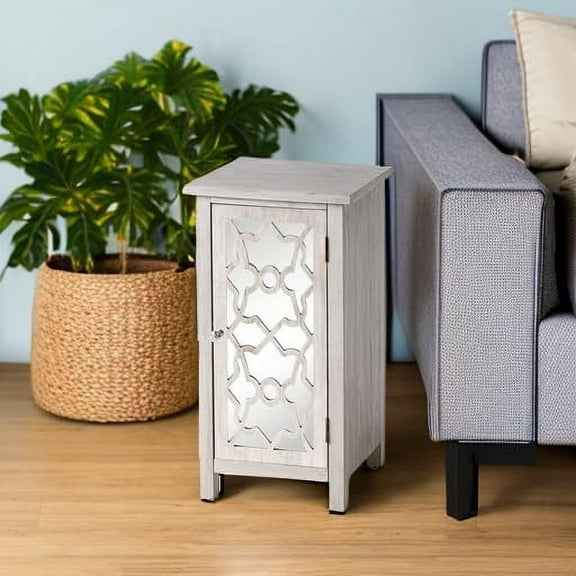 Modern Farmhouse Nightstand with Mirror Front and 2 Shelves, Retro Tall End Table for Bedroom, Living Room, Lounge, Bathroom, Office, Light Gray