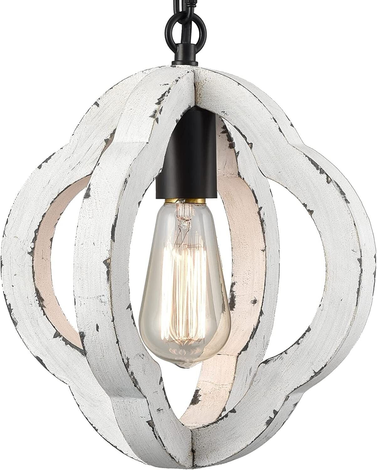 Distressed White Wood Globe Pendant Light with Black Metal Fixture