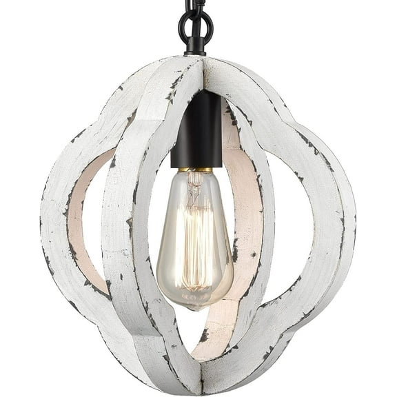 Modern Farmhouse Pendant Light Distressed White Wooden Chandelier 1-Light