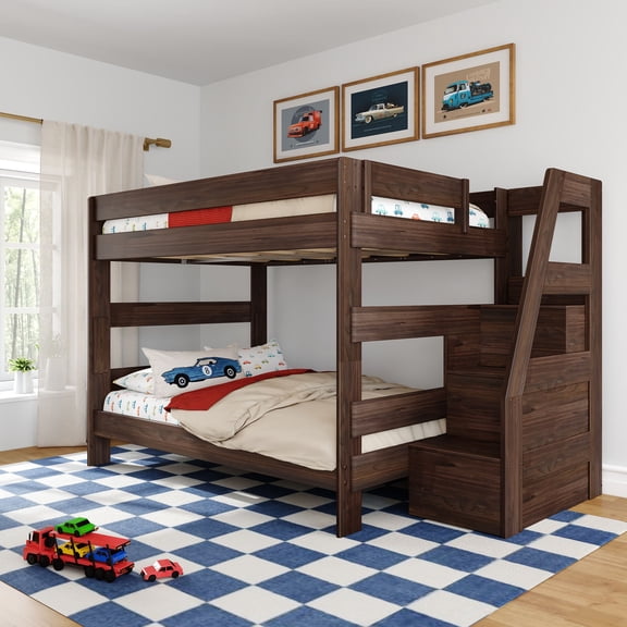 Modern Farmhouse Queen Over Queen Bunk Bed With Staircase, Barnwood Brown