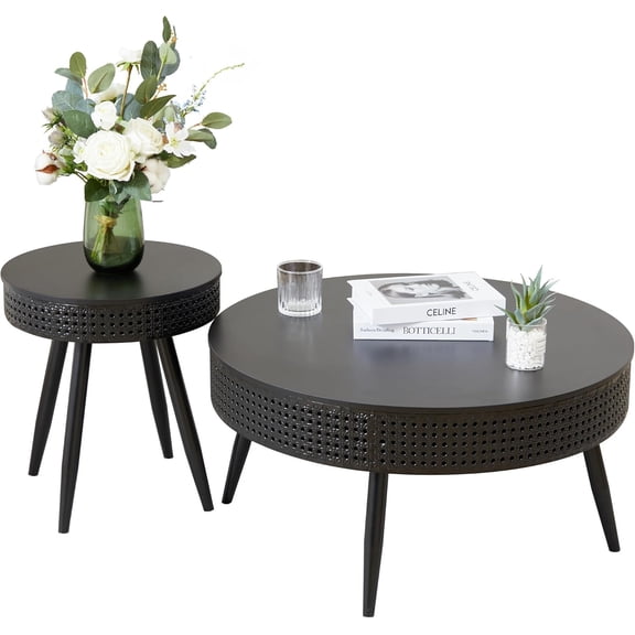 Modern Farmhouse Round Coffee Table Set of 2, Iron Rattan Coffee End Table with Hidden Storage Basket, 29.1 Nesting Side Table for Living Room, Balcony, Patio, Swimming Pool (Black 1)